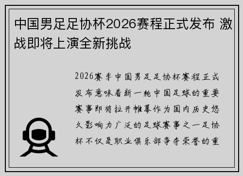中国男足足协杯2026赛程正式发布 激战即将上演全新挑战