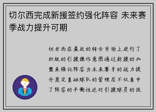 切尔西完成新援签约强化阵容 未来赛季战力提升可期