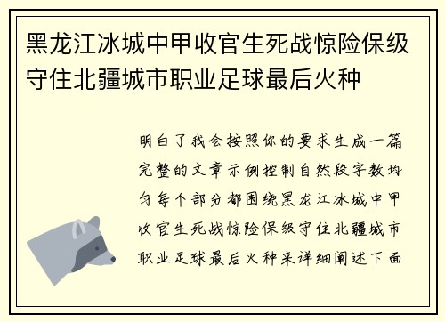 黑龙江冰城中甲收官生死战惊险保级守住北疆城市职业足球最后火种